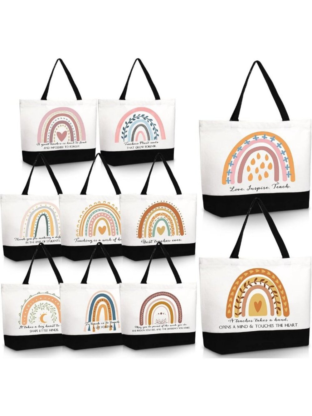 10 Pcs Teacher Appreciation Rainbow Tote Bags - Cute Canvas Gifts for Educators